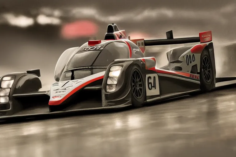 Image similar to Honda Civic 2001. Honda LMP2 car racing on dimly lit track overcast skies raining headlights illuminating the track cinematic digital painting vray photo muted colors dark cinematic