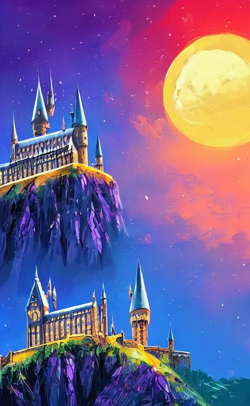 Image similar to a beautiful illustration of hogwarts at night, art of alena aenami, featured on artstation, vertical orientation, paint brush strokes, expressionism, brushstroke - laden, breathtaking clouds, birds, ocean, beautiful stars, long exposure, big moon radius, airy midnight magical theme, blue purple gradient, lens flare
