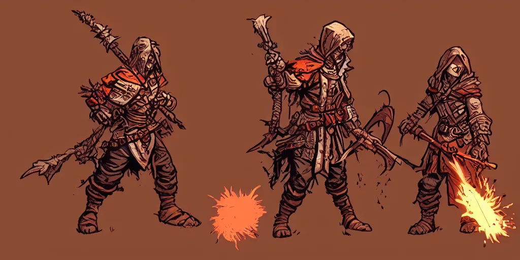 Prompt: warrior character design, idle, attack, sprite, darkest dungeon, pc game, sideview, transparent background, art by moebius and greg rutkowski.