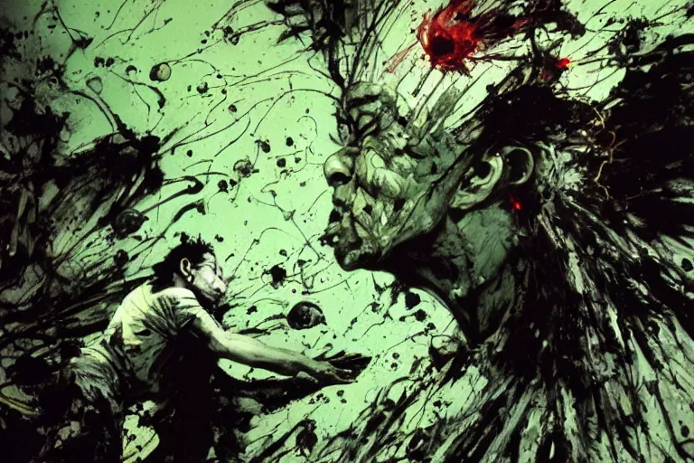 Image similar to scene from the movie, tetsuo unleashes a psychic pressure wave inside a green walled hospital hallway, Katsuhiro Otomo, Phil hale, Ashley wood, Ilya repin, frank frazetta, 8k, hd, high resolution print