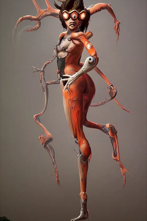 Image similar to full body painting of tracer from overwatch, in style of zdzisław beksinski, scary, horror, 4 k, feminine facial features, overwatch tracer character, horror, body horror, disturbing, detailed face, tall, long legs,