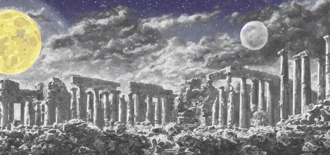 Prompt: The ruins of the Silver Millennium on the moon from Sailor Moon, digital painting, planet Earth in the distance, Greek-esque columns and ruins, black sky