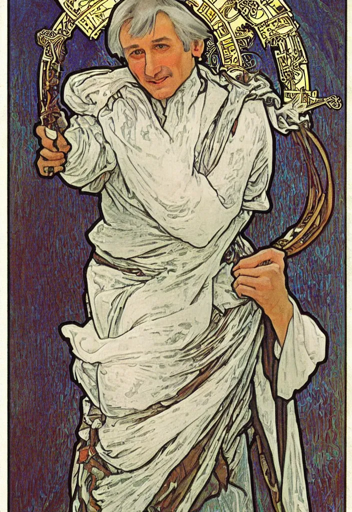 Image similar to realistic white - haired geoffrey hinton on a tarot card, tarot in art style by alphonse mucha