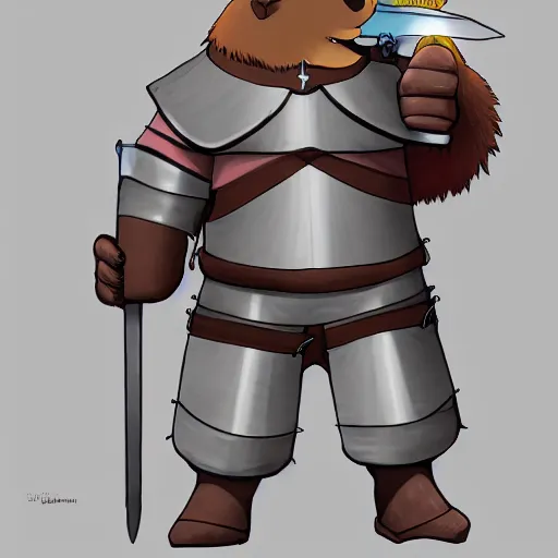 Prompt: anthropomorphic beaver, medieval holy crusader knight, holding enormous sword, studio ghibli, 8k, trending on artstation