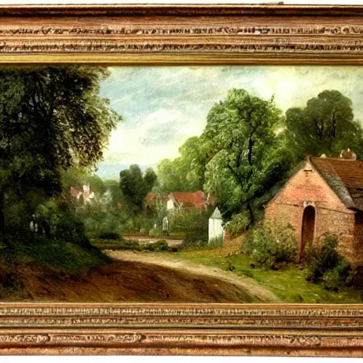 Prompt: Painting of a victorian village with surrounding woodland. UHD. High detail. In the style of John Constable
