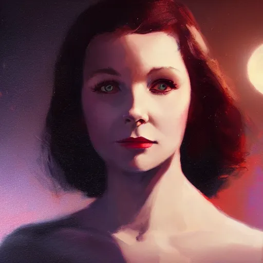 Image similar to closeup portrait of a young vivian leigh, dramatic lighting, city background, night, moon, chiaroscuro, high detail, painted by greg rutkowski, painted by igor kieryluk, painted by bobby chiu, trending on artstation