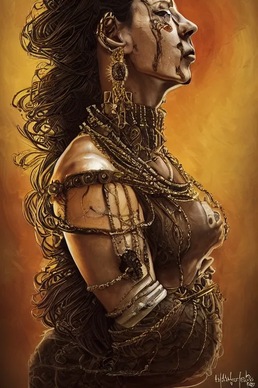 Image similar to portrait, headshot, digital painting, of a 17th century, beautiful, middle aged, middle eastern, wrinkles, decadent, cyborg noble woman, dark hair, piercings, chains, tribal scars, amber jewels, baroque, ornate dark green opulent clothing, scifi, futuristic, realistic, hyperdetailed, concept art, dramatic backlighting, golden hour, cinestill, art by syd mead