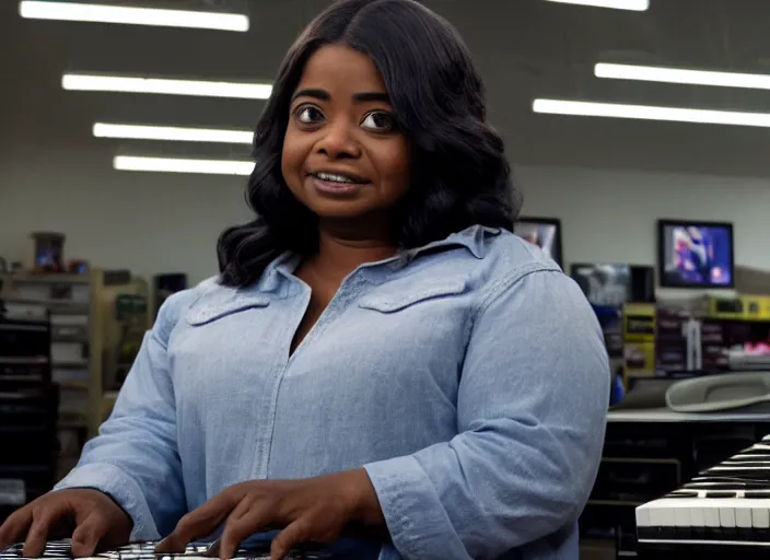 Prompt: cinematic shot of octavia spencer in an small used electronics store hands on an old electronic keyboard, iconic scene from the paranoid thriller sci fi film directed by pt anderson, anamorphic lens, beautiful composition, moody dark overhead lighting, color theory, leading lines, photorealistic, volumetric lighting, kodak film stock, hyper detailed 4 k image,