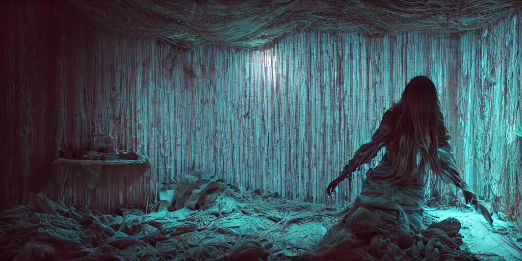 Prompt: rgb, glowing, depression!!!!!, maximalist interior, woman, cinematic, movie scene, inspired by zdzislaw beksinski, clothes made out of veins,, cables everywhere, bedroom, ultra realistic, concept art, intricate details, highly detailed, photorealistic, octane render, 8 k