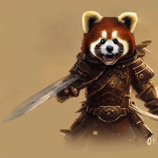 Prompt: Anthropomorphized red panda in battle armour, D&D, fantasy, cinematic lighting, highly detailed, digital painting, artstation, concept art, smooth, sharp focus, illustration, warm light, cozy warm tint, magic the gathering artwork, volumetric lighting, 8k, no gold, no gold colours, art by Akihiko Yoshida, Greg Rutkowski