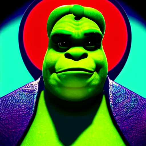 Image similar to A synthwave Shrek inspired by Tron. Trending on Artstation. Digital screenshot. Faded film grain. 1980s Computer Graphics.