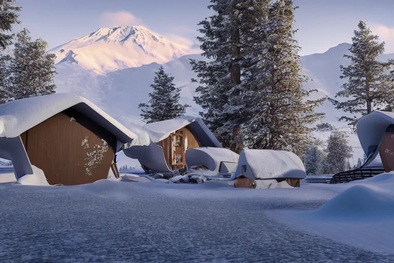 Image similar to futuristic cottage settlement with in the forest with Elbrus mountain covered by snow on the background, architecture, 3d render 8k , high details