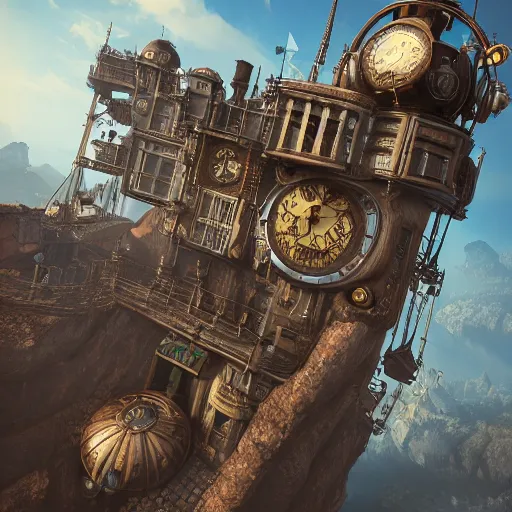 Image similar to flying steampunk fortress, extremely detailed, behrens style, unreal 5 render, fantasy digital art, octane render, beautiful composition, trending on artstation, award - winning photograph