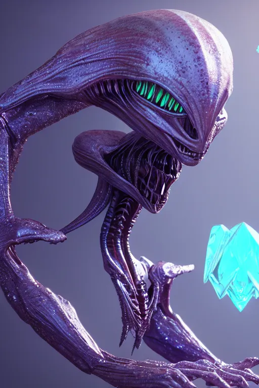 Image similar to skin concept alien, in full growth, mineral crystals instead of skin, magical crystals, smoky crystals, translucent crystals, luminous sparkling crystals, many details, 3 d, cinematic, hyper realism, high detail, octane render