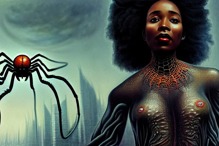 Image similar to realistic detailed photorealistic portrait movie shot of a beautiful black woman with a giant spider, dystopian city landscape background by denis villeneuve, amano, yves tanguy, alphonse mucha, ernst haeckel, david lynch, edward robert hughes, roger dean, cyber necklace, rich moody colours, cyber patterns, wide angle