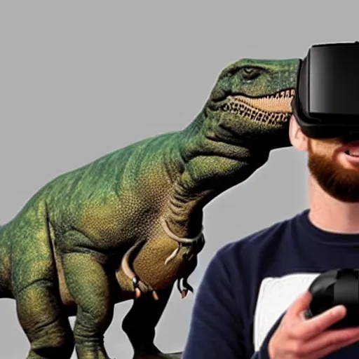 Image similar to Low quality Photograph of a Dinosaur wearing a VR headset