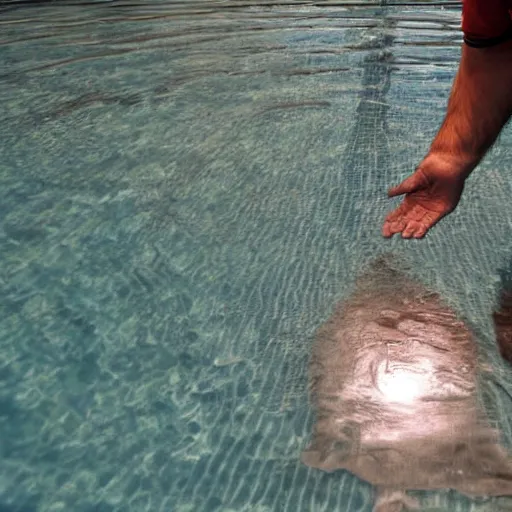 Image similar to a man touching a pool of liquid that shows a reflection of a ghost