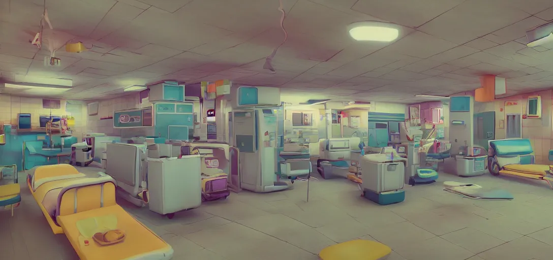 Image similar to retro hospital, colorful, 8 k photorealistic, hd, high details, trending on artstation