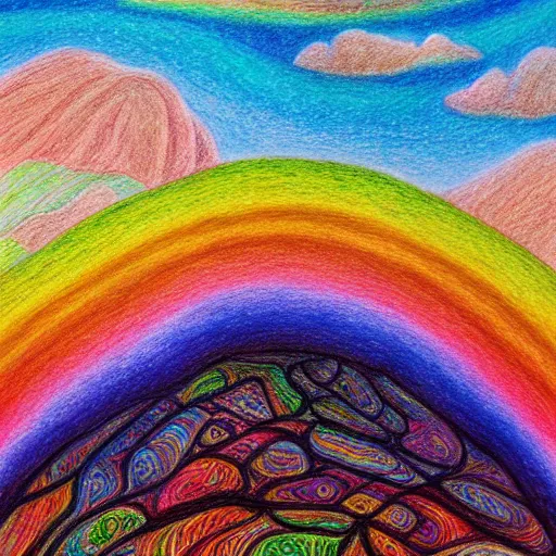 Image similar to Intricate five star rainbow landscape by Anna Kullberg, Colored pencil on paper, high detail, skin texture, photo realistic, hyperrealism,matte finish, high contrast, 3d depth, masterpiece, vivid colors, artstationhd