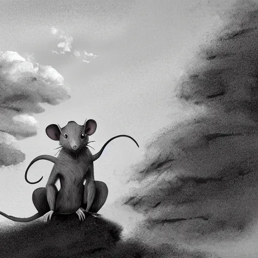 Prompt: a black and white matte painting of an anthropomorphic rat dressed in medieval clothing, renaissance, studio Ghibli, open landscape, plants