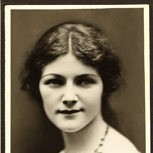 Prompt: edwardian photograph of a beautiful woman, elegant, symmetrical, staring at the camera, very grainy, 1900s, realistic, 1910s, close-up portrait, innocent smile, slightly blurry