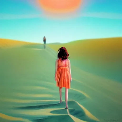 Image similar to closeup giant dahlia flower head, girl walking between dunes, surreal photography, sunrise, blue sky, dramatic light, impressionist painting, digital painting, artstation, simon stalenhag