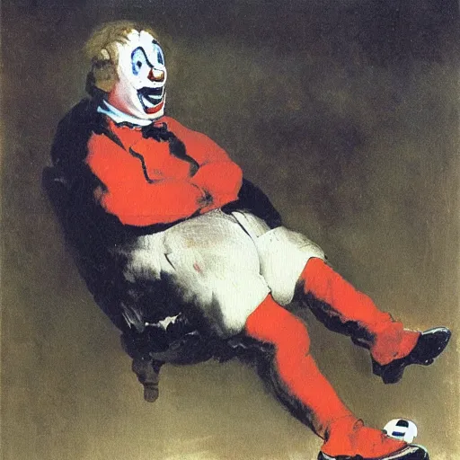 Image similar to an oil painting of a clown watching soccer on tv, goya, dark,