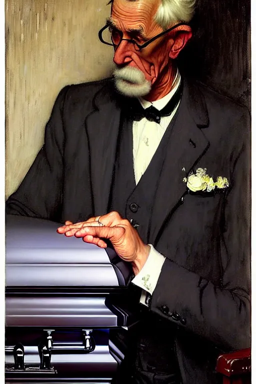 Prompt: a sad man mourning over a casket by sydney prior hall and alfred stevens and norman rockwell and sherree valentine daines, casket, grey suit, highly detailed, deep shadows, accurate face, smooth blending, hyperrealism, dim lighting, candle, victorian, accurate fingers, crisp details, old man