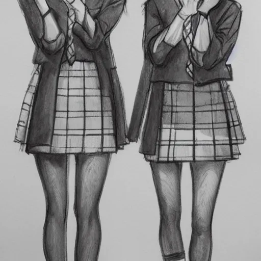 Prompt: a perfect, realistic professional digital sketch of two Japanese schoolgirls posing, in style of Marvel, full length, by pen and watercolor, by a professional American senior artist on ArtStation, a high-quality hollywood-style sketch, on high-quality paper