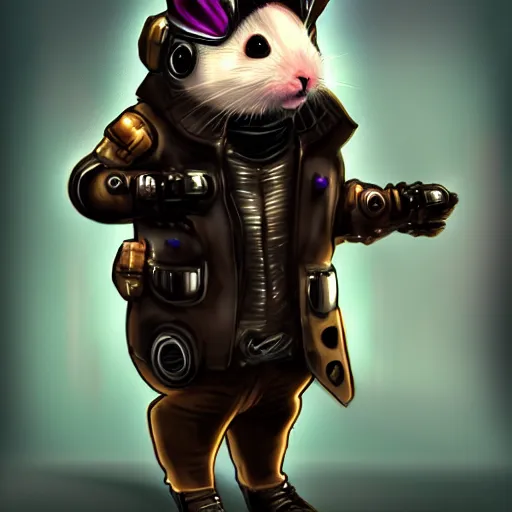 Image similar to a cute cyberpunk hamster as a supervillain, steam punk, gothic, 4 k