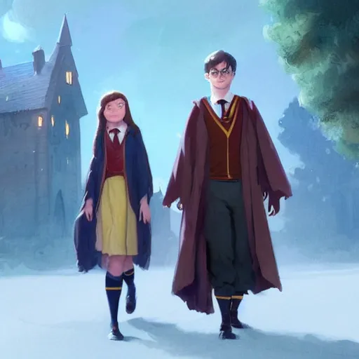 Image similar to a wholesome animation key shot of harry potter students, fantasy, colorful, pixar and disney animation, sharp, very detailed, high resolution, key art by greg rutkowski, bloom, dramatic lighting