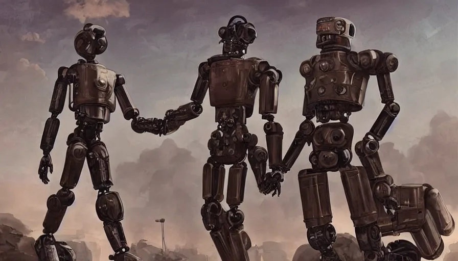 Image similar to Dieselpunk Illustration of two humanoid robots holding hands looking at each other, the remains of human civilisation in the background by Galan Pang, James Paick, Komatsuzaki retro-futurism, sci fi, dystopian, trending on artstation, masterpiece, concept art, octane render