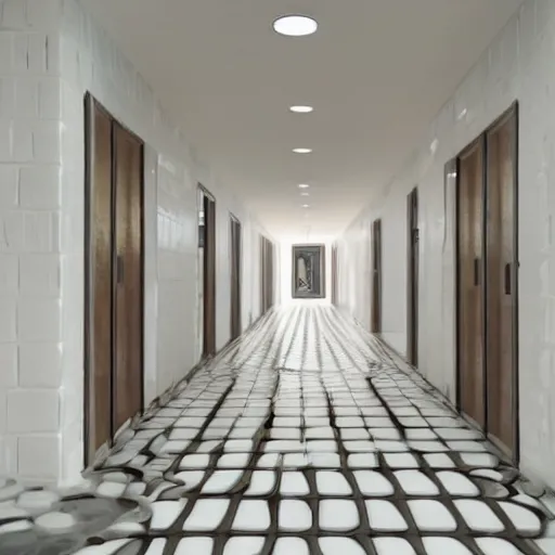Image similar to photo of randomly connected corridors, stairs and rooms. ceramic white tiles on all the walls.
