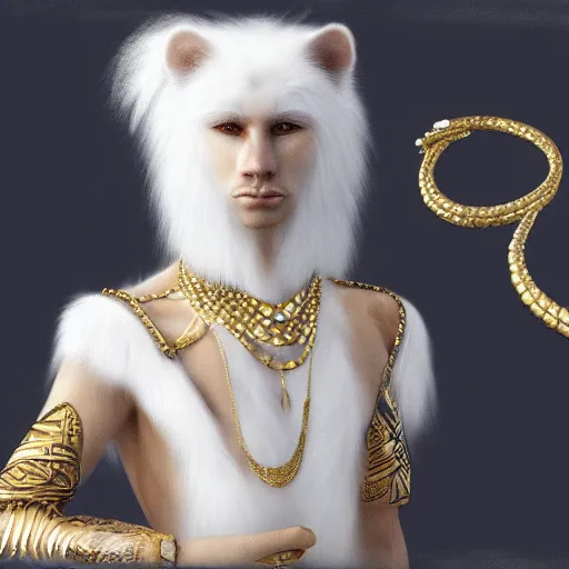 Image similar to portrait of a white human panter with a very long fur and gold jewelry, fantasy, trending on artstation, heroic pose, illustration, highly detailed, simple, 8k