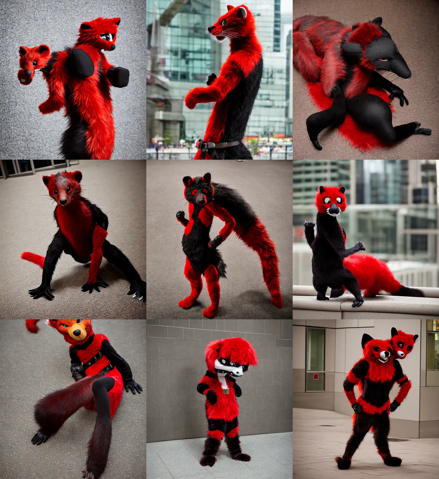 Image similar to fullbody photoshoot photo portrait of a roguish male red - black furred weasel furry fursuiter ( tail attached ), taken at anthrocon ( furry convention )