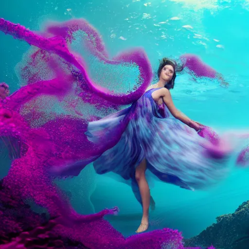 Prompt: woman dancing underwater wearing a flowing dress made of blue and magenta seaweed, delicate coral sea bottom, swirling silver fish, swirling smoke shapes, octane render, caustics lighting from above, cinematic