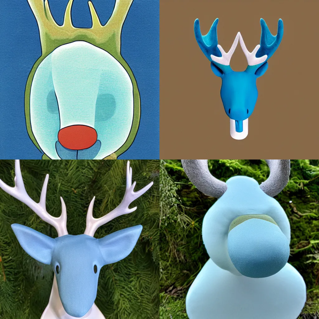 Prompt: a light blue rikoru with green eyes and antlers