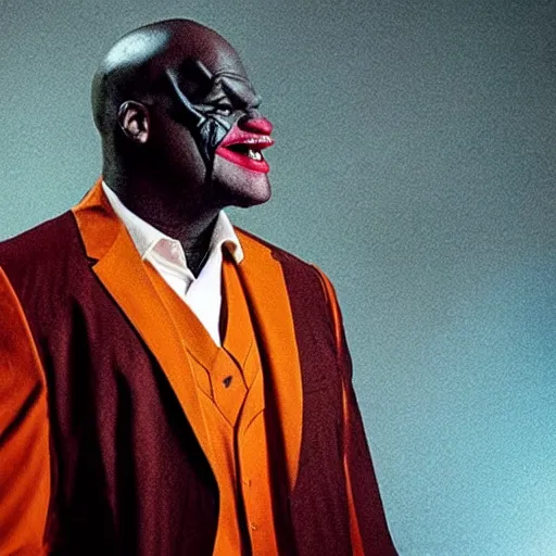 Prompt: cinematic close - up film still of shaquille o ’ neal as the joker in gotham city