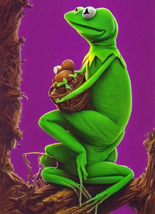 Image similar to portrait of kermit the frog in critters ( 1 9 8 6 ), highly detailed, centered, solid color background, digital painting, artstation, concept art, smooth, sharp focus, illustration, artgerm, donato giancola, joseph christian leyendecker, les edwards, ed repka, greg rutkowski, wlop, artgerm