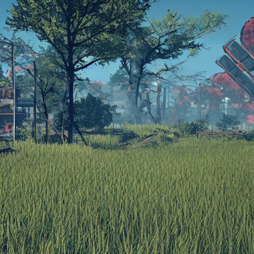 Prompt: sendai rice fields in ruins post - nuclear war in fallout 4, in game screenshot