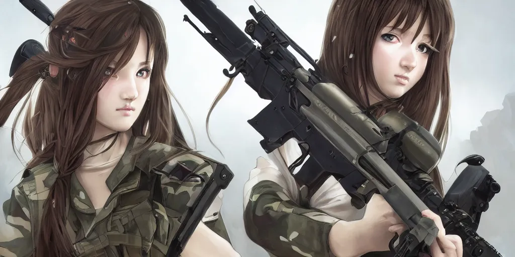 Image similar to soldier girl, xm 8 rifle, anime style, long hair, hair down, symmetrical facial features, from girls frontline, hyper realistic, pale skin, 4 k, rule of thirds, extreme detail, detailed drawing, trending artstation, hd, fantasy, d & d, by alphonse mucha, greg rutkowski, sharp focus, backlit