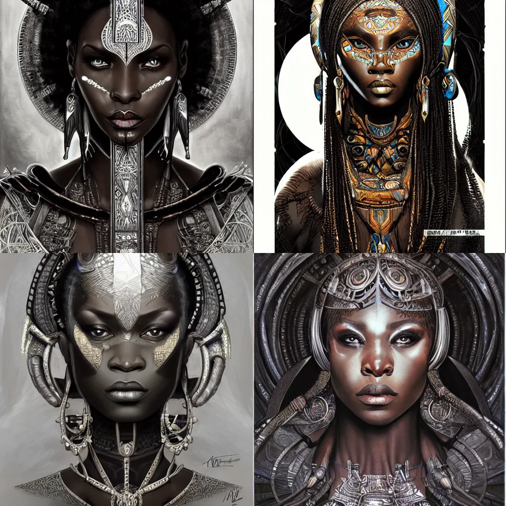 Prompt: black african princess, rutkowski, symmetric, intricate, highly detailed, concept art, sharp focus, illustration, mucha, aleksi briclot, giger