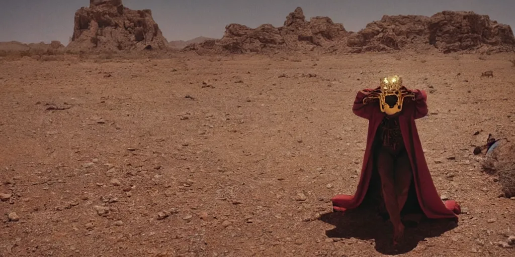 Prompt: levitating woman with full - face golden mask in a dry rocky desert landscape, visible sky and sunny atmosphere, giant abandoned alien city by alejandro jodorowsky, anamorphic lens, kodakchrome, practical effects, masterpiece, 8 k