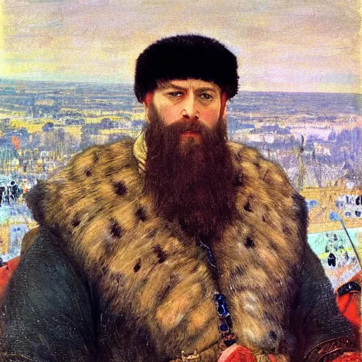 Prompt: portrait of tsar in fur hat Ivan the Terrible listening smartphone masterpiece painting by vasnetsov and surikov, JEAN-VICTOR BERTIN, by Terence Cuneo, detailed, artfully traced, 4k resolution, cinematic, dramatic