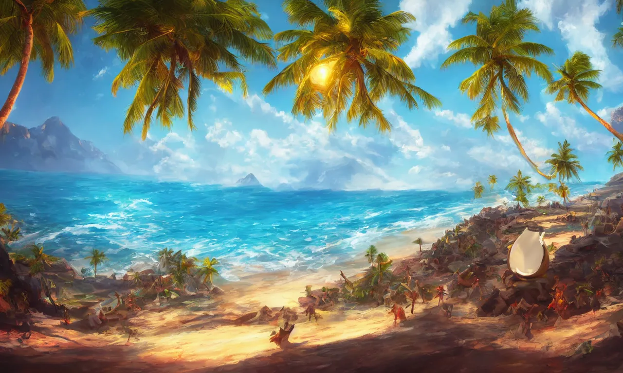 Prompt: coconut on paradise beach, trending on artstation, by Noah Bradley