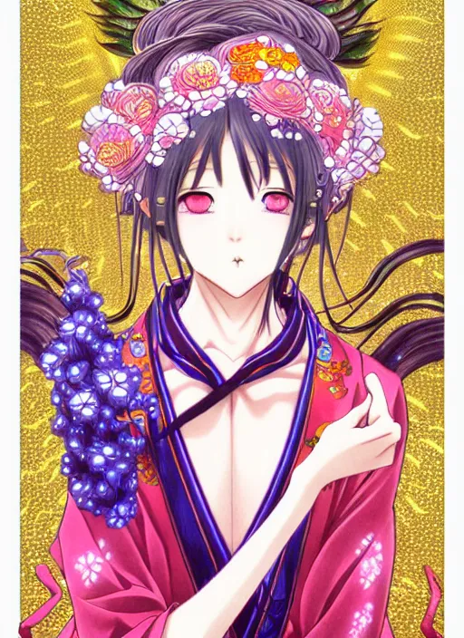 Image similar to exquisite imaginative manga portrait art of keqing from genshin impact, flowers, pearlescent, shimmering, reflective, rim light, detailed background,, art nouveau, illustration, pivix, concept art, highly detailed, colorful, maximalist