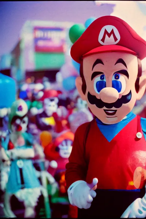 Image similar to 35mm photo of Mario from the video game Mario Bros., wearing a dia de los muertos mask light leaks, kodachrome