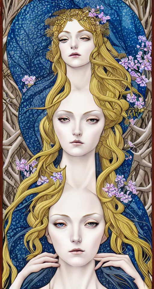 Prompt: the Goddess of Winter, in a mixed style of Botticelli and Æon Flux, inspired by pre-raphaelite paintings and shoujo manga, surrounded by flora and fauna, hyper detailed, stunning inking lines, flat colors, 4K photorealistic