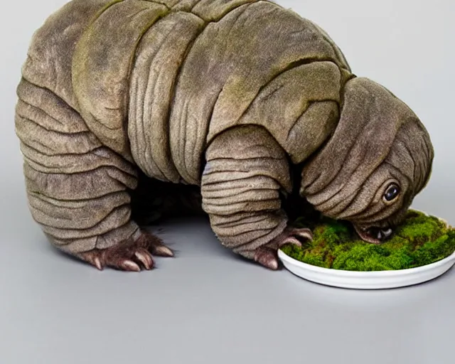 Image similar to big pet tardigrade eating from a food bowl full of moss, cute pet photos, home photography, award - winning pet