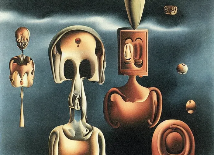 Prompt: strange machine making copies of weird small beings by salvadore dali and rene magritte